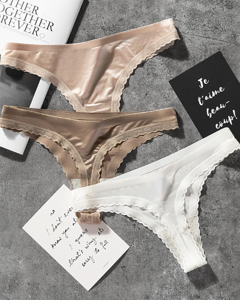 

3PCS/Set Ice Silk Lace Trim Seamless Skinny Thong Panty, Multicolor