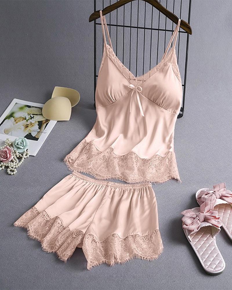 

Satin Contrast Lace Cami Top & Shorts PJ Set, Pink