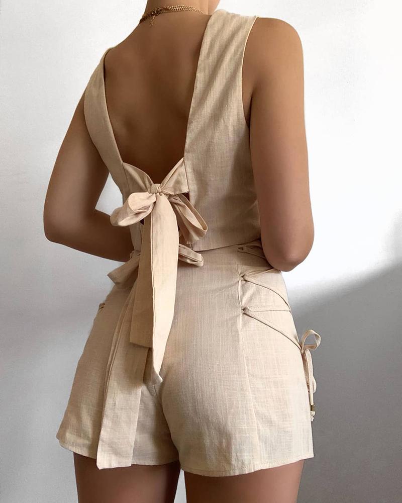 

Knotted Backless Top & Lace-up Shorts Set, Apricot