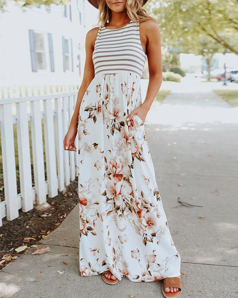 

Striped Floral Print Pocket Decor Maxi Dress, White