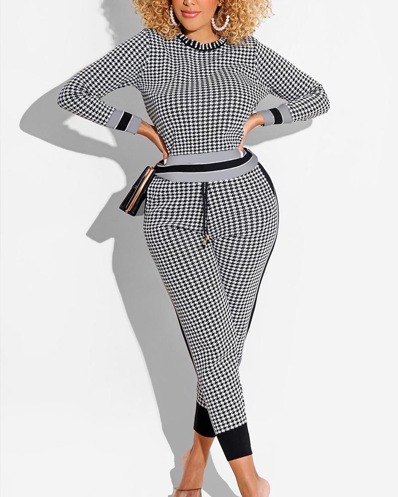 

Houndstooth Print Long Sleeve Jumpsuit, Blackwhite