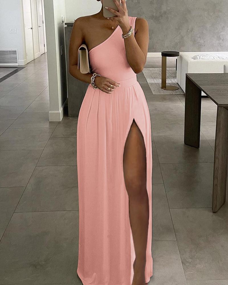 

High Slit One Shoulder Maxi Dress, Pink