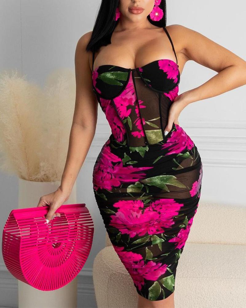 

Floral Print Sheer Mesh Corset Party Dress, Hot pink