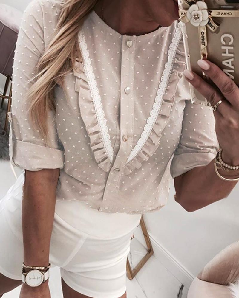 

Lace Trim Frill Hem Swiss Dot Blouse, Apricot