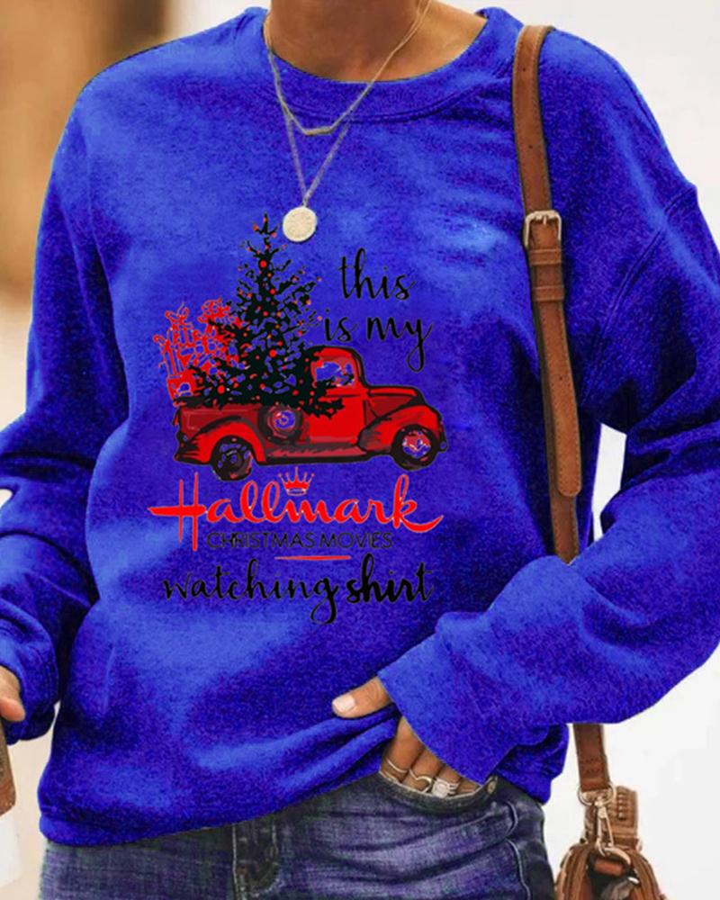 

Christmas Letter Car Print Long Sleeve Casual Sweatshirt, Dark blue