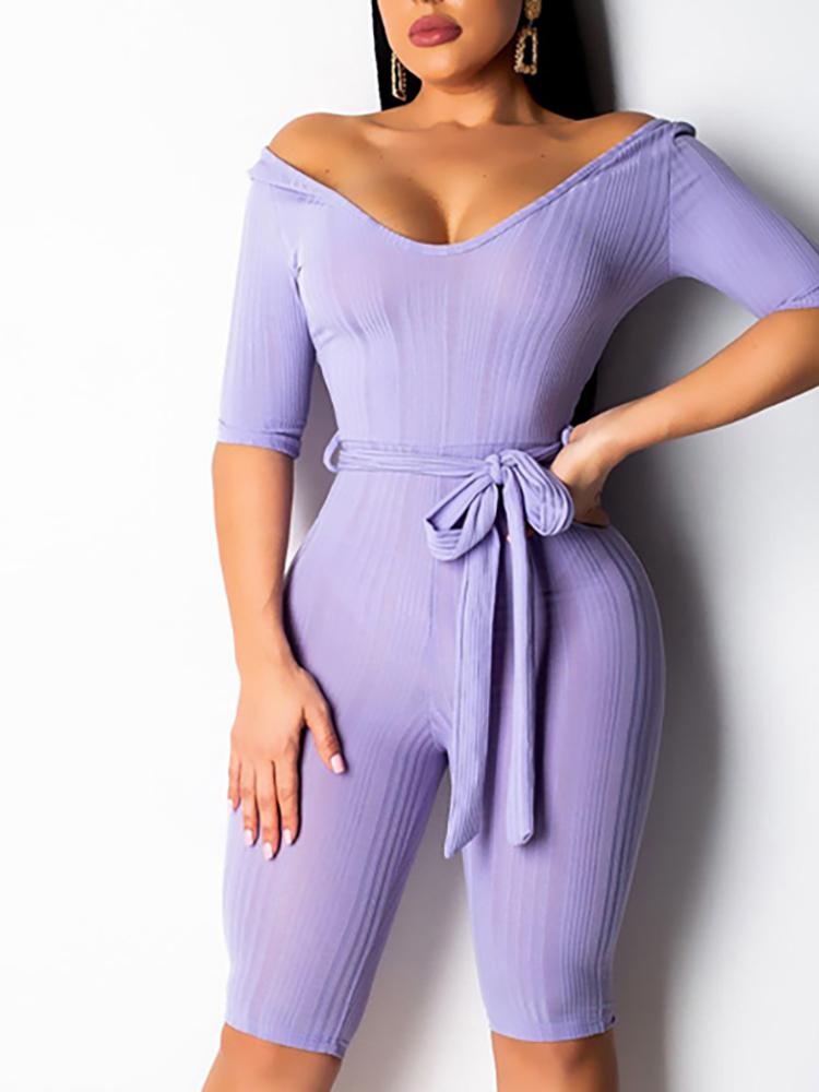 

Off Shoulder Half Sleeve Belted Romper, Purple