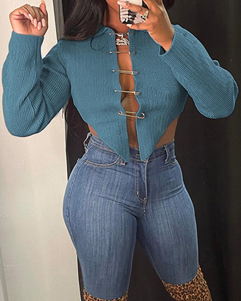 

Long Sleeve Asymmetrical Hem Sweater, Blue