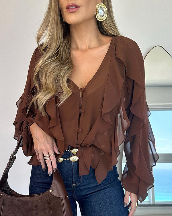 

V Neck Shoulder Asymmetrical Ruffles Blouse Casual Button Front Long Sleeve Top, Dark brown