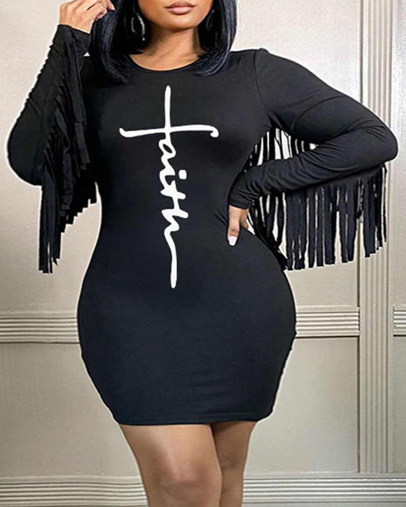 

Plus Size Letter Print Tassel Trim Bodycon Dress, Black