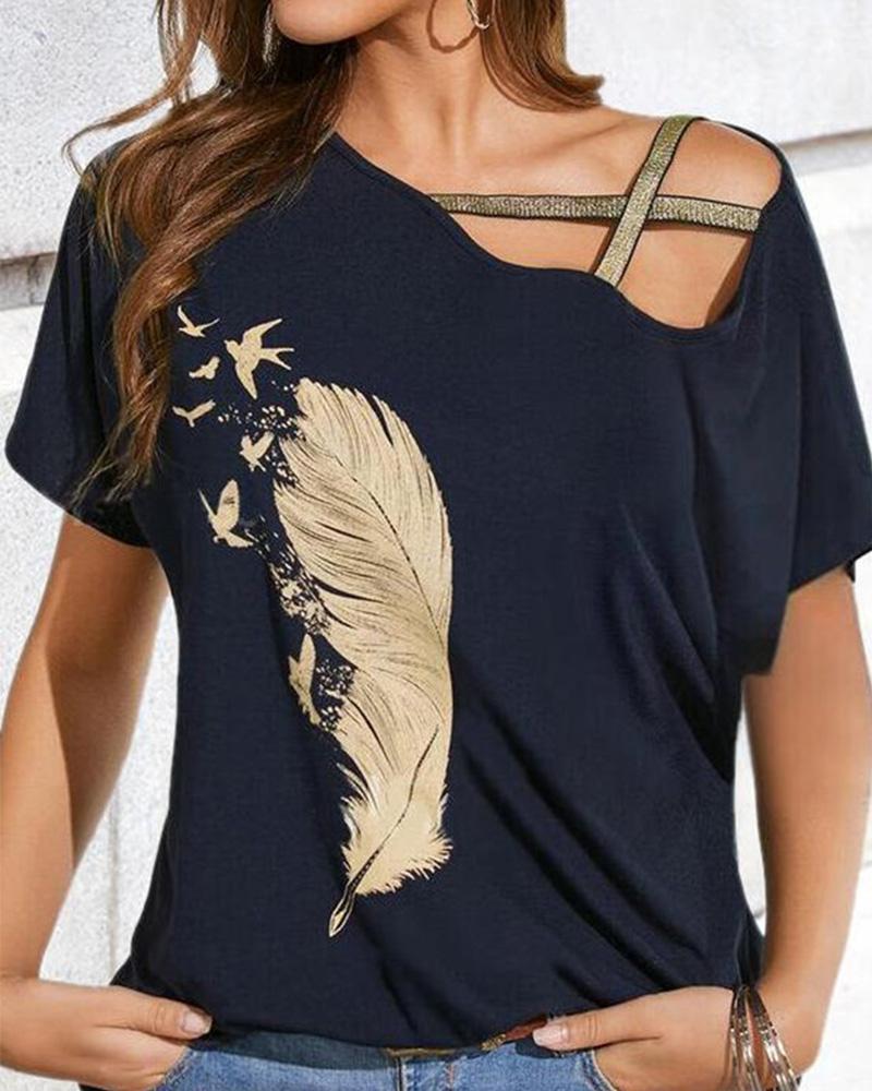 

Feather Print Hollow-out Short Sleeve T-shirt, Purplish blue