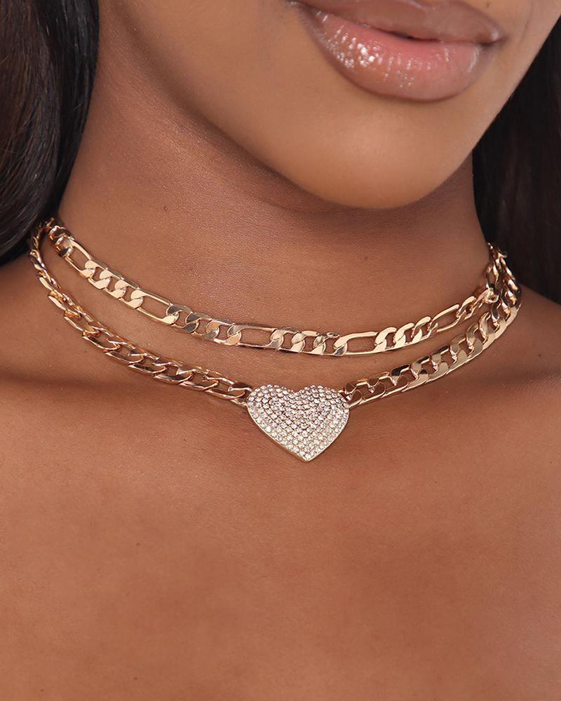 

1pcs Rhinestone Heart Double Layered Pendant Necklace, Gold