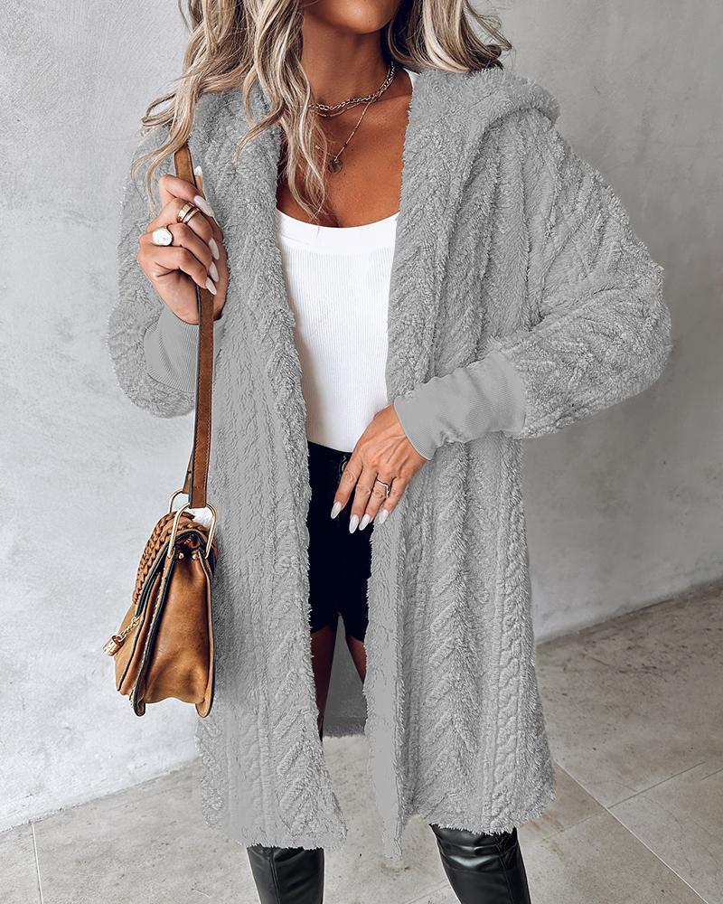 

Fuzzy Textured Hooded Longline Coat, Gray