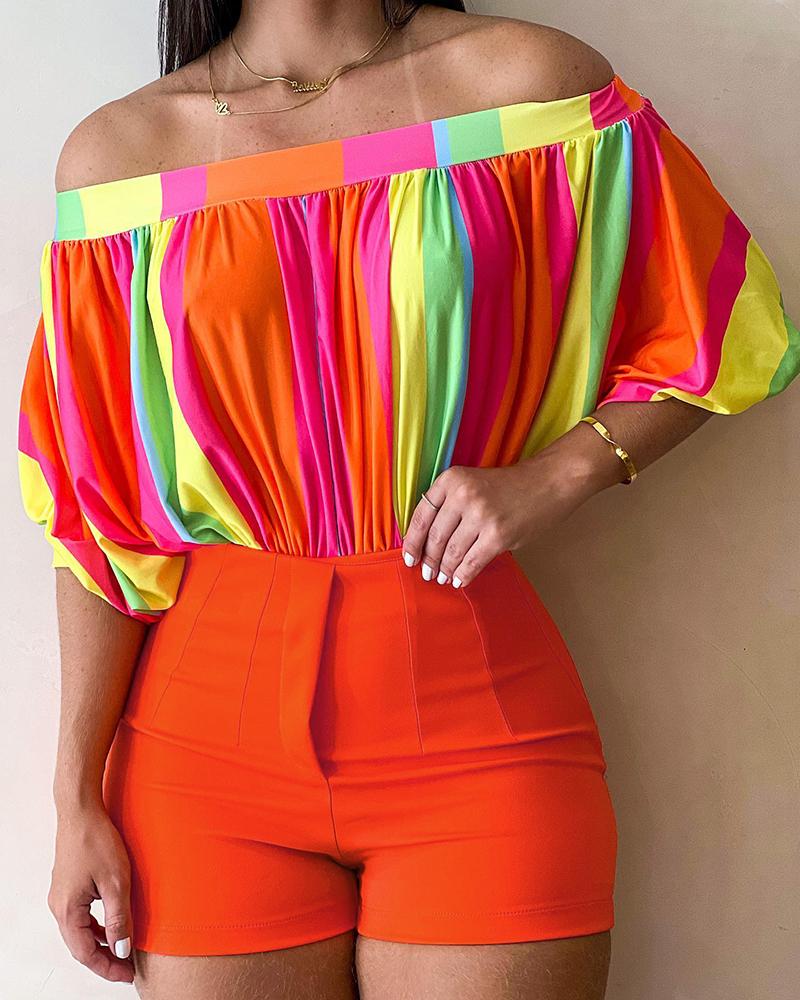

Ruched Colorblock Off Shoulder Top & Shorts Set, Orange