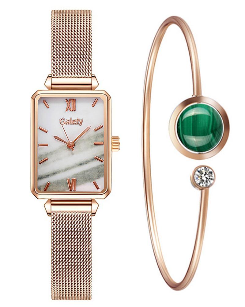 

Stainless Steel Mesh Strap Pointer Quare Quartz Watch & Bracelet Set, White