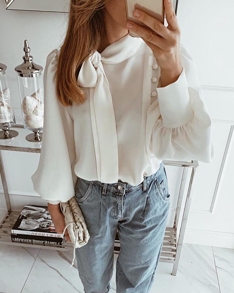 

Balloon Sleeve Scarf Neck Women Blouse, Beige
