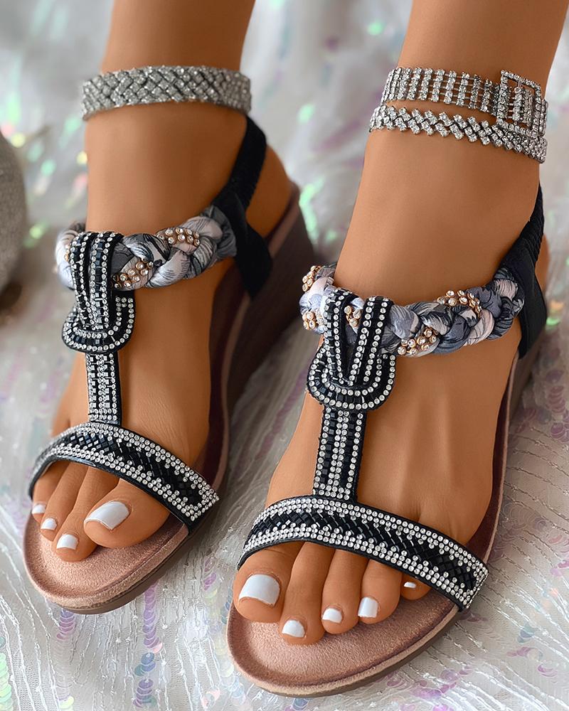 

Slingback Rhinestone Bohemian Wedge Sandals, Black