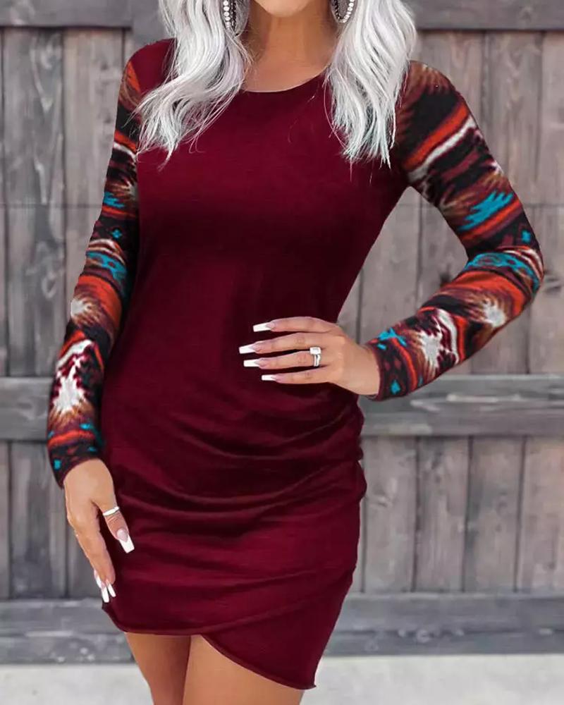 

Aztec Geometric Print Wrap Dress, Wine red