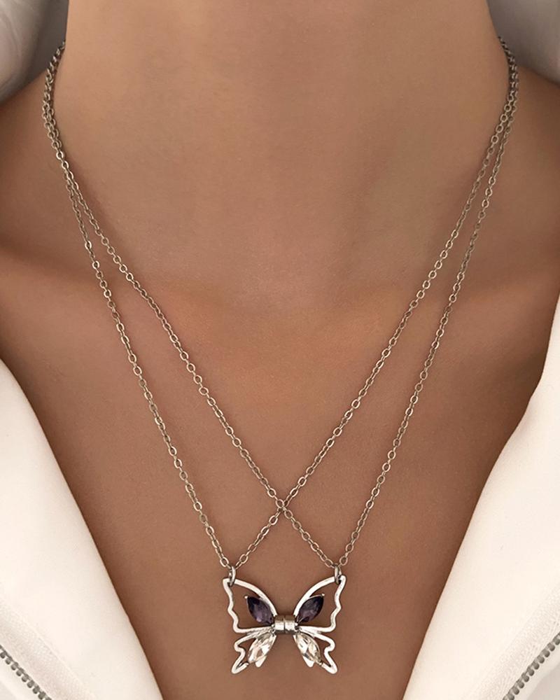 

1pcs Butterfly Shaped Magnet Pendant Multi-Layered Necklace, Silver