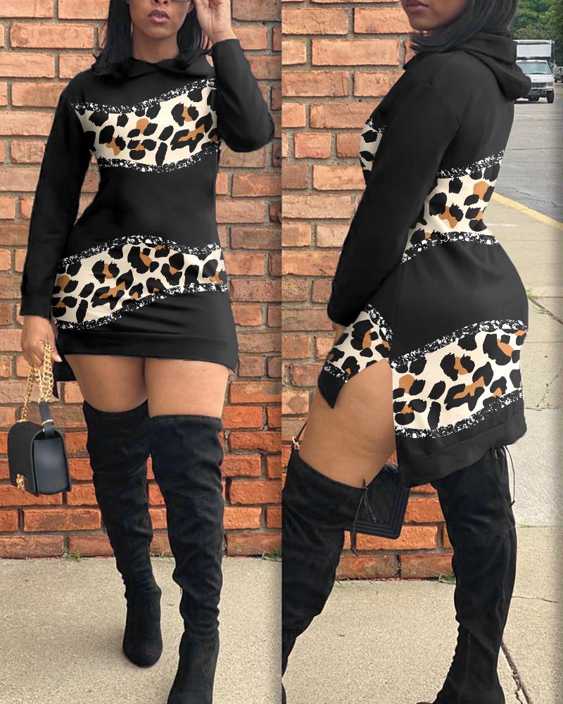 

Leopard Print Split Hem Long Sleeve Sweatshirt Dress, Black