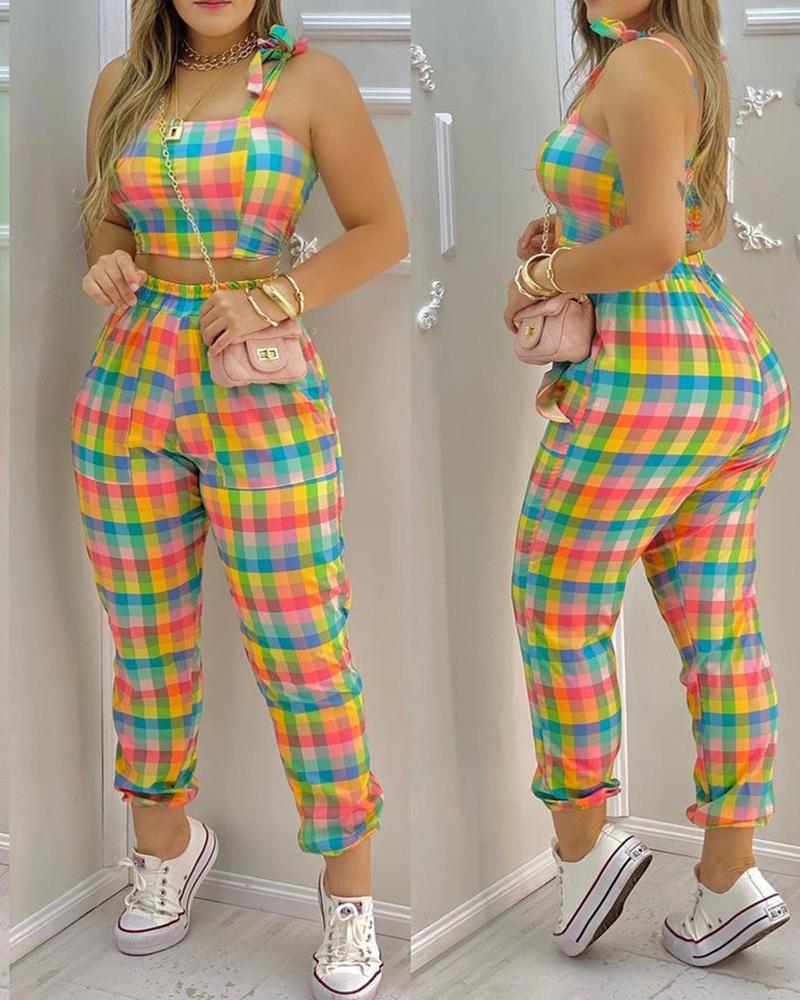 

Plaid Colorblock Crop Top & Pocket Design Pants Set, Multicolor