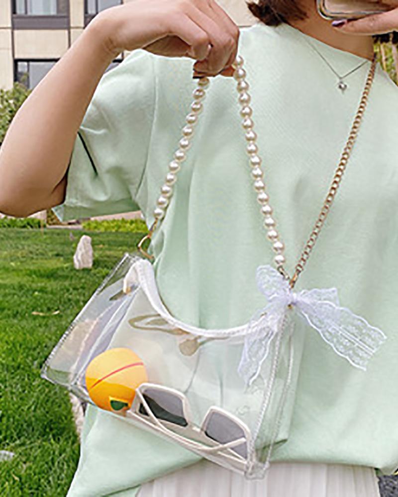 

Clear Beaded Strap Bow Decor Satchel Bag, Style2