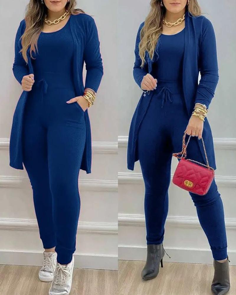 

Sleeveless Jumpsuit & Pocket Design Longline Coat, Blue