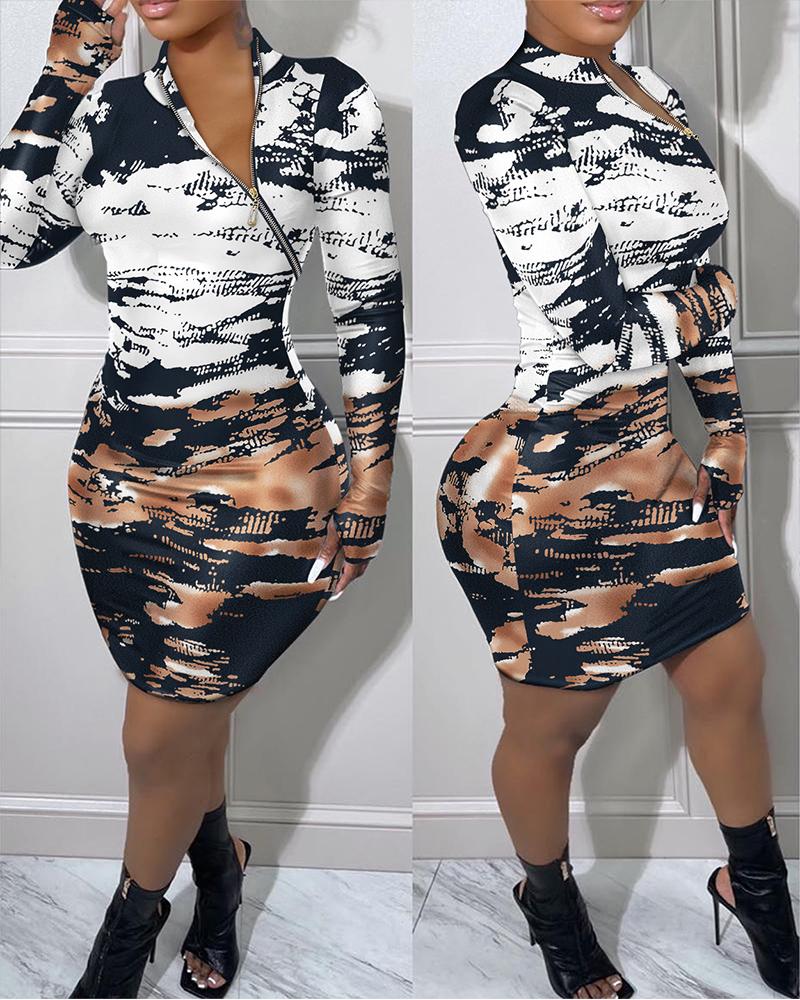 

Tie Dye Print Zip Detail Long Sleeve Bodycon Dress, Multicolor
