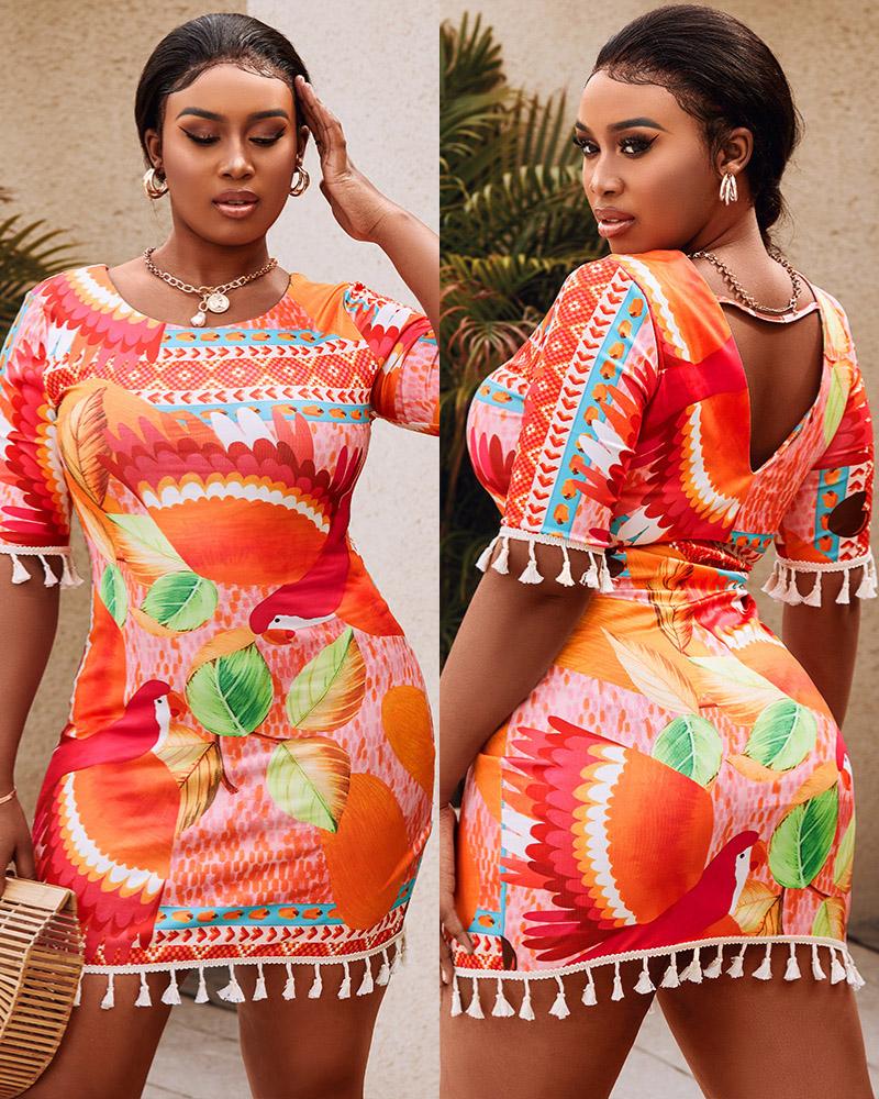 

Graphic Bird Print Tassel Design Casual Dress, Multicolor