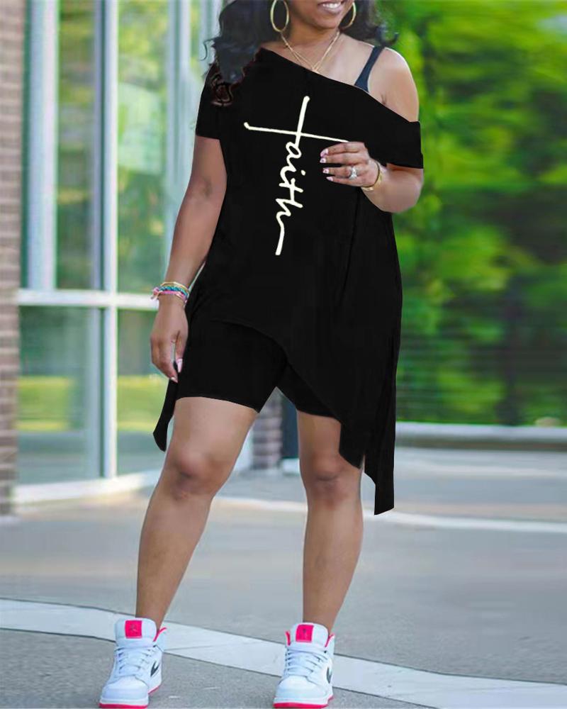 

Letter Print Split Hem Asymmetrical Top & Shorts Set, Black
