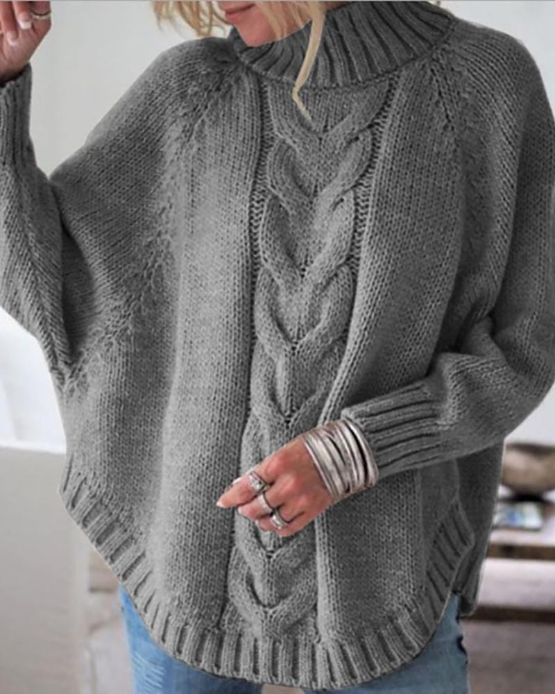 

Solid High Neck Batwing Sleeve Sweater, Gray