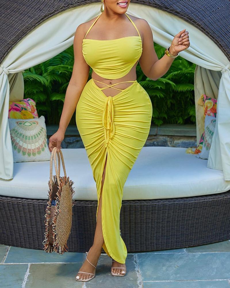 

Halter Crop Top & Drawstring Ruched Slit Skirt Set, Yellow