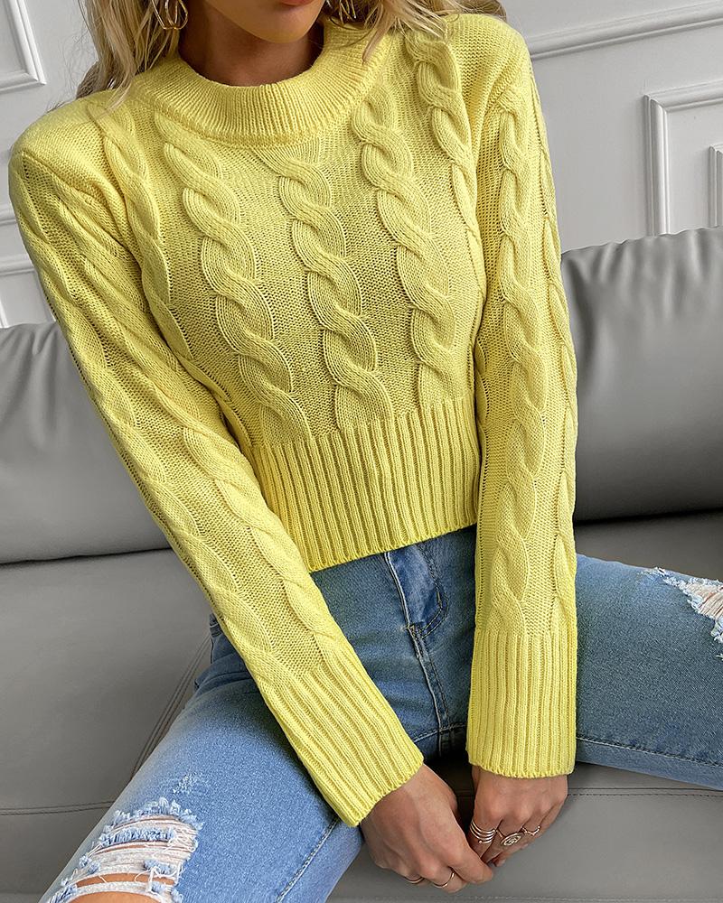 

Braided Long Sleeve Knit Crop Sweater, Yellow