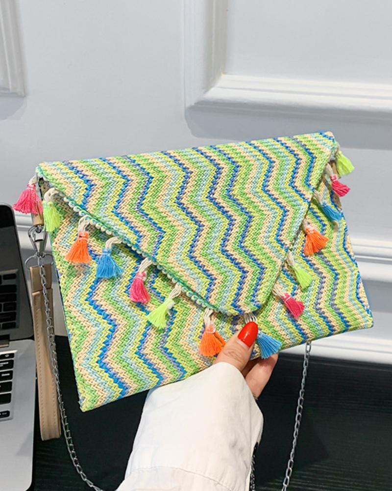 

Bohemian Chevron Tassel Envelop Crossbody Bag, Green