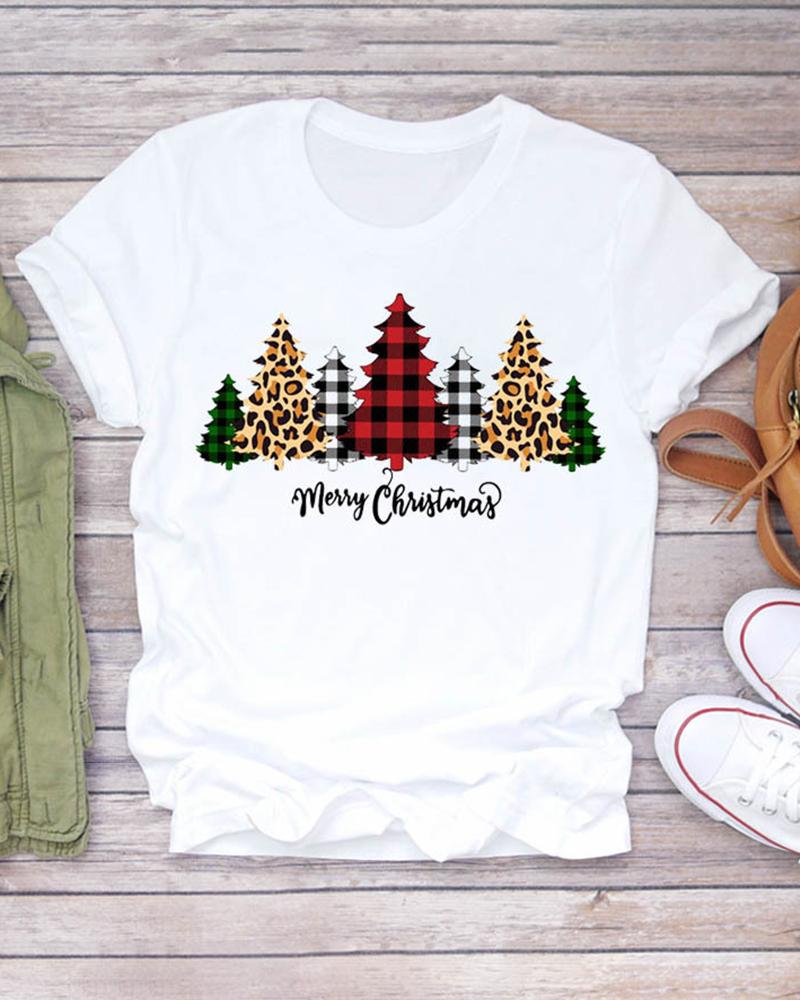 

Christmas Tree Letter Plaid Cheetah Pattern Print Short Sleeve Top, Style1