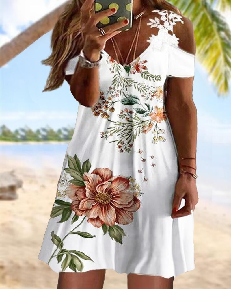 

Plus Size Floral Print Cold Shoulder Casual Dress, White
