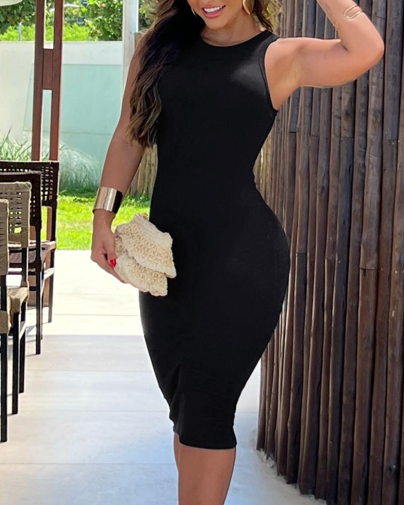 

Vestido bodycon canelado sem mangas com decote em O, Black