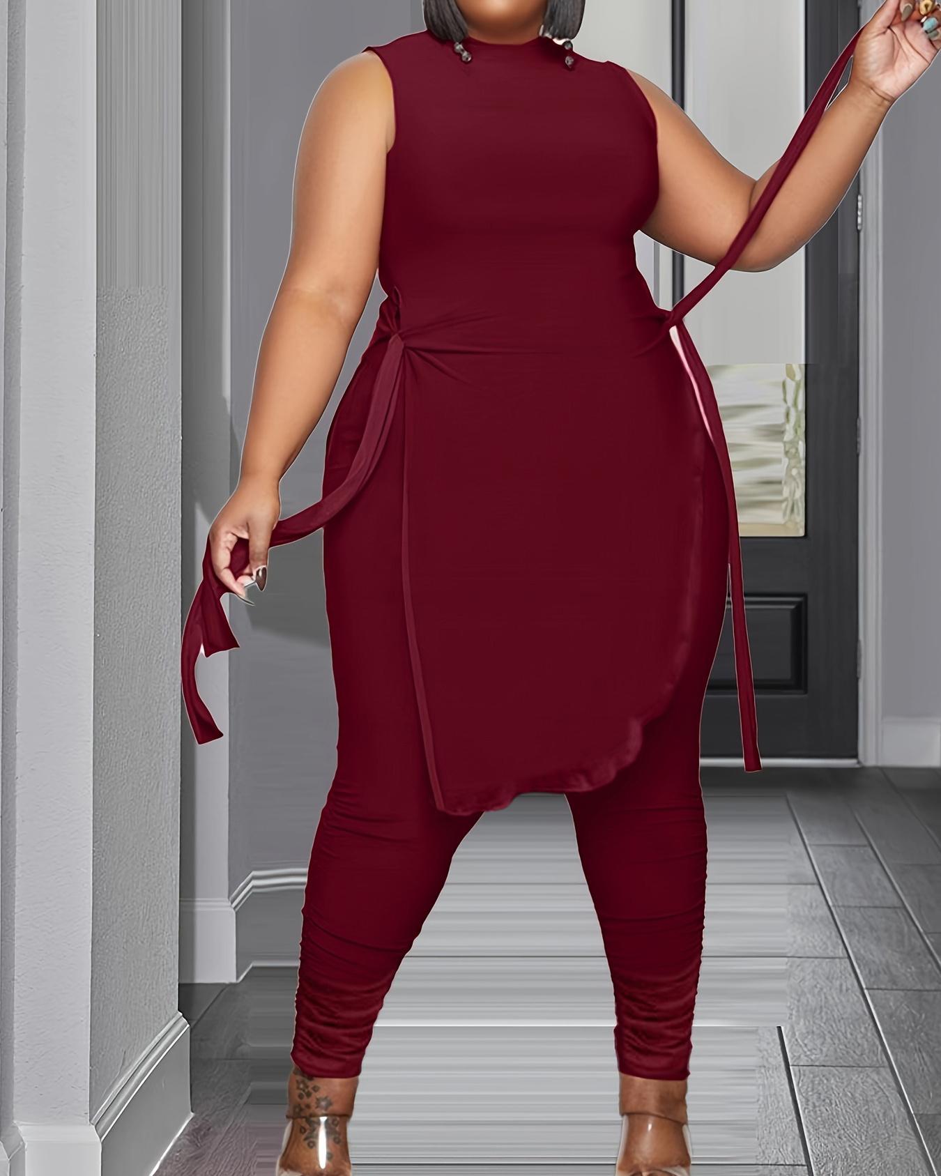 

Plus Size Tied Detail Twisted Slit Top & Pants Set, Wine red