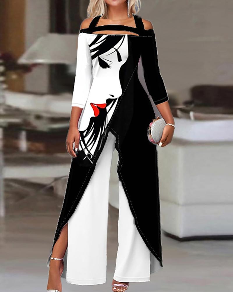 

Figure Print Colorblock Slit Wide Leg Jumpsuit, Blackwhite