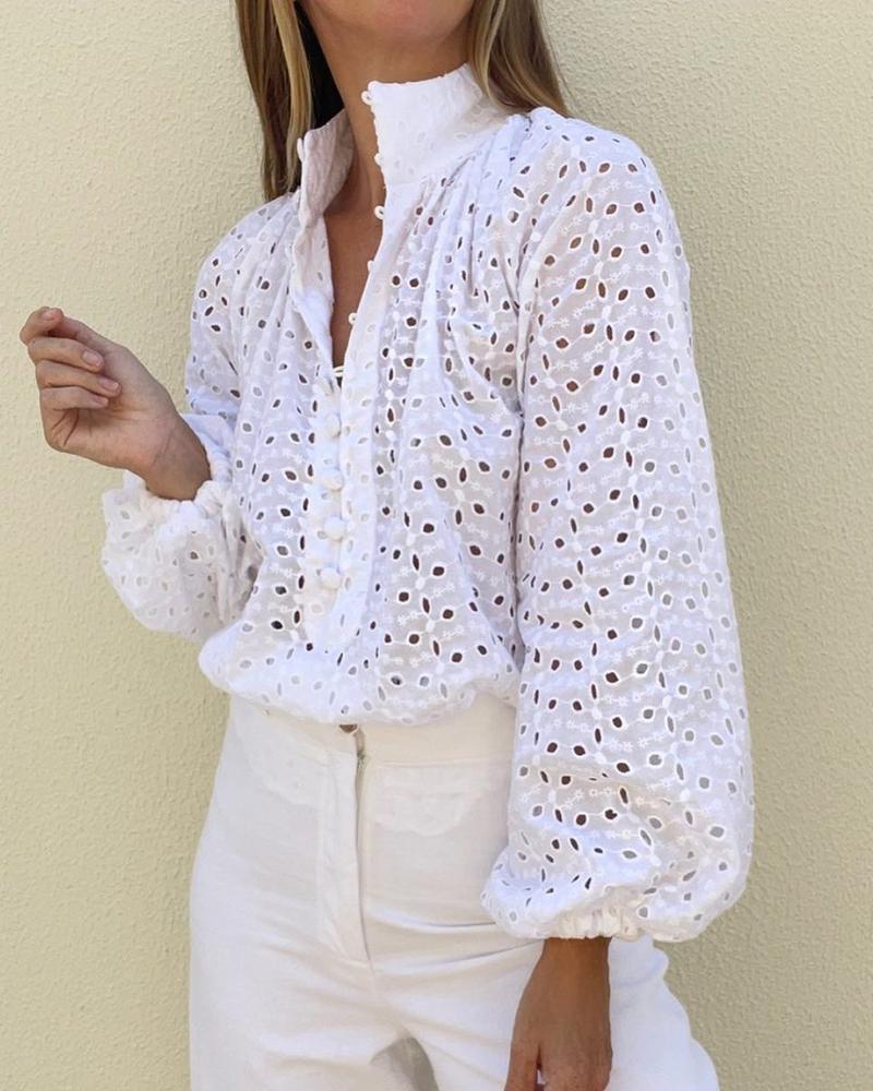 

Lantern Sleeve Button Front Schiffy Top, White