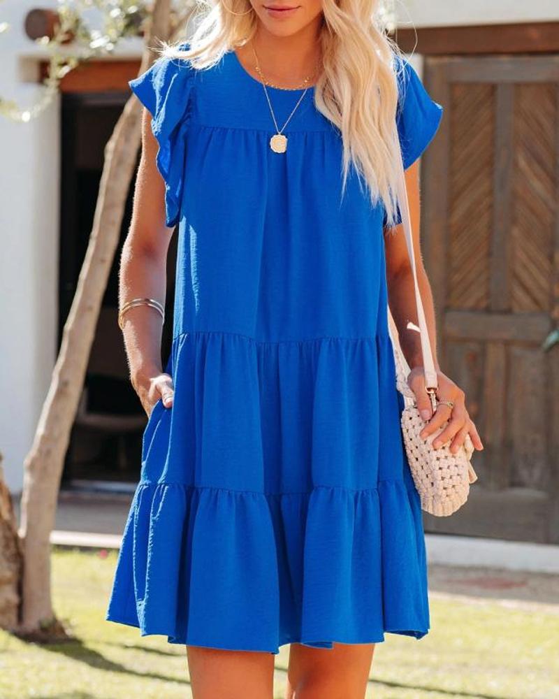 

Flutter Sleeve Ruffle Hem Flowy Swing Dress, Blue