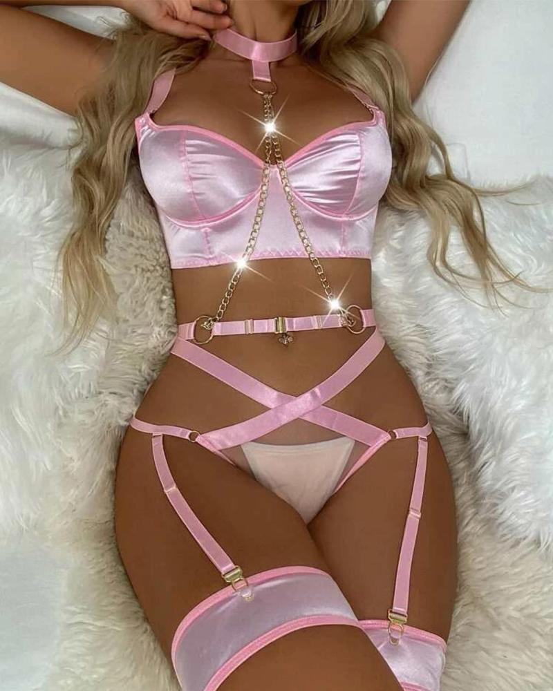 

O-Ring Chain Decor Garter Lingerie Set With Body Harness, Pink