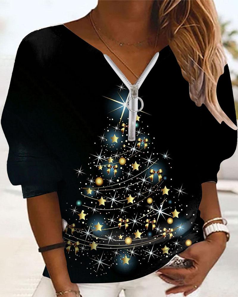 

Plus Size Christmas Tree Print Zip Front Casual Top, Black