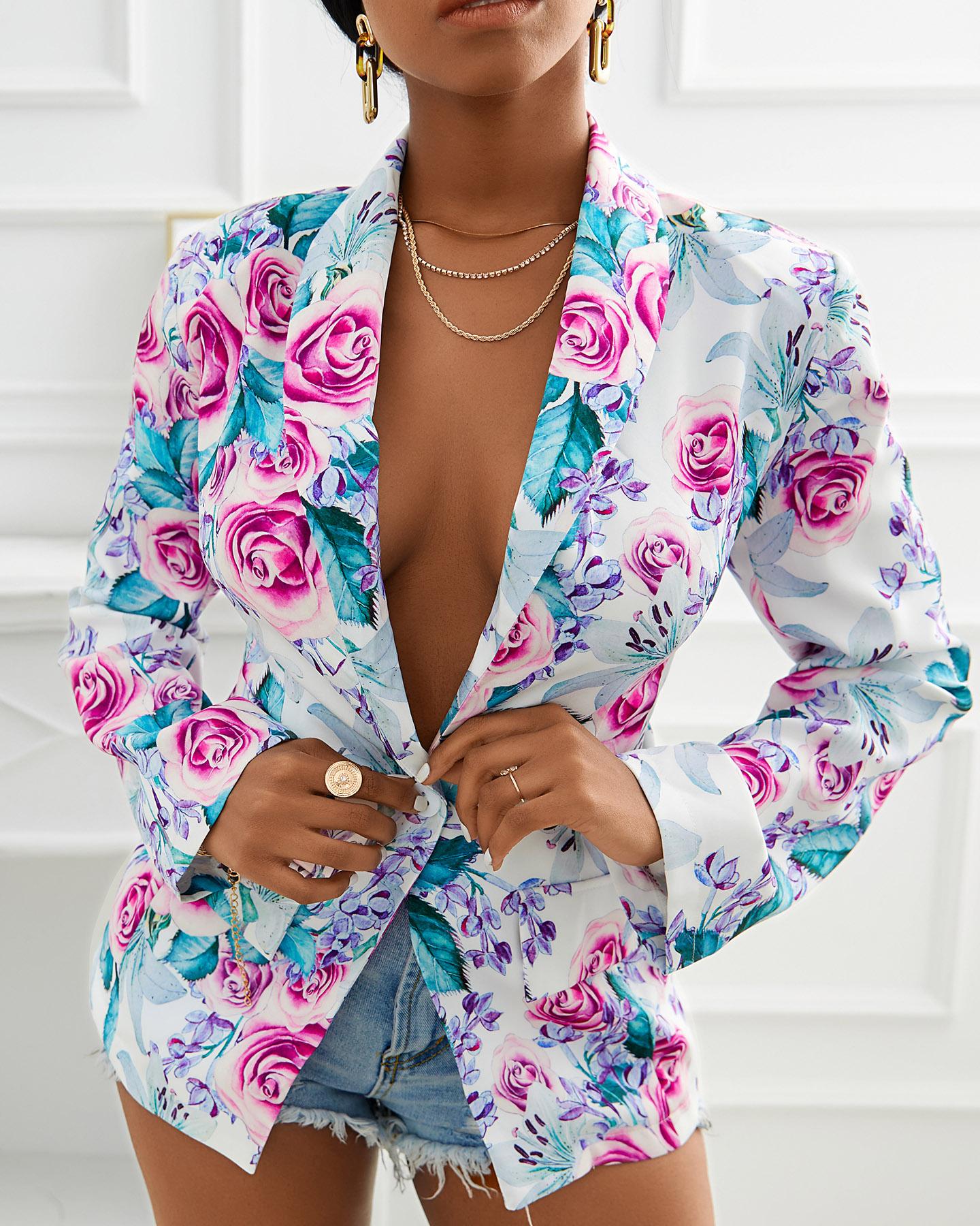 

Floral Print Single Button Blazer, White