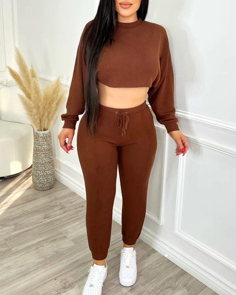 

O-neck Crop Top & Drawstring Pants Set, Brown