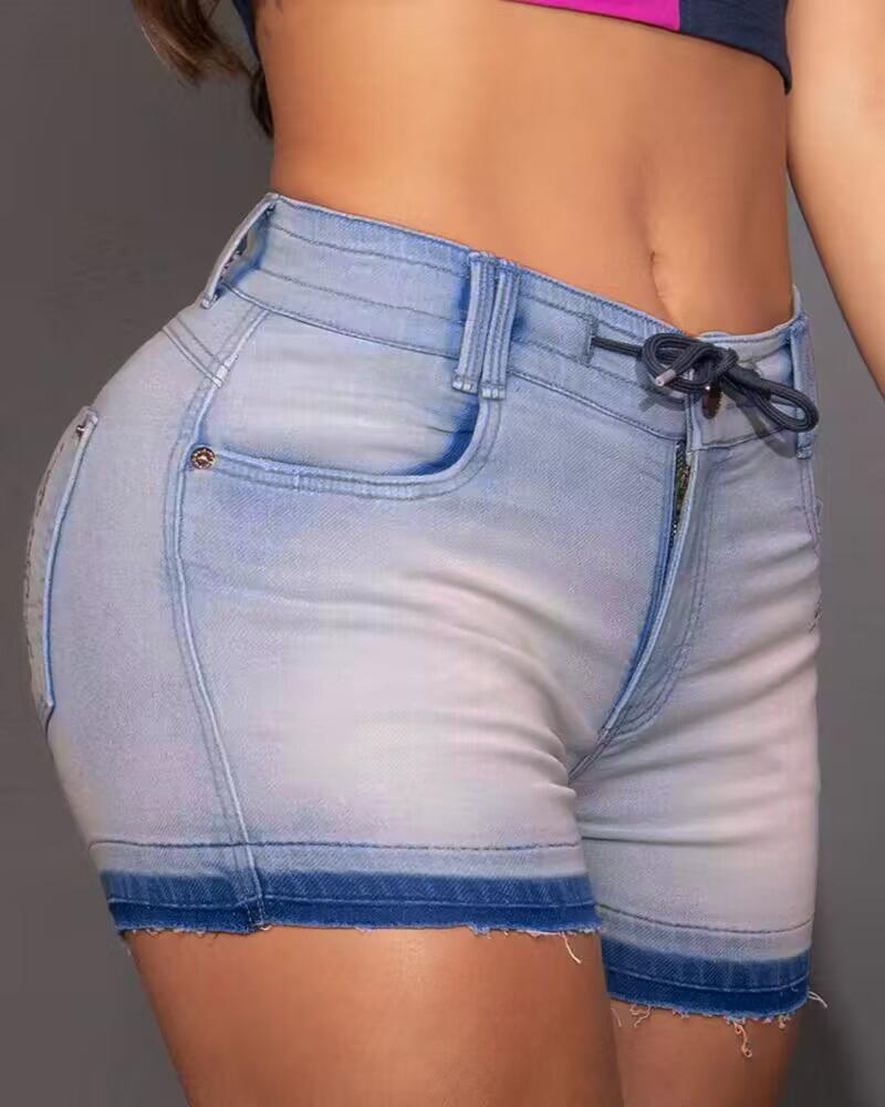 

Letter Embroidery Drawstring Denim Shorts, Blue