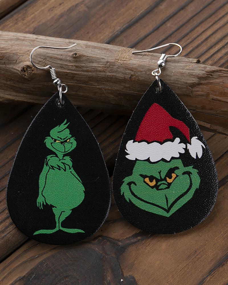 

Christmas Letter Grinches Print PU Leather Drop Earrings, Style4