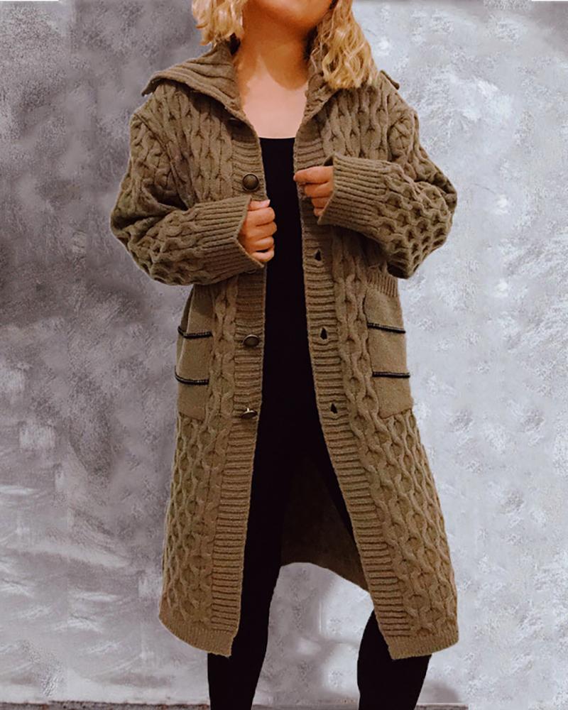 

Striped Print Buttoned Hooded Braided Cardigan, Brown