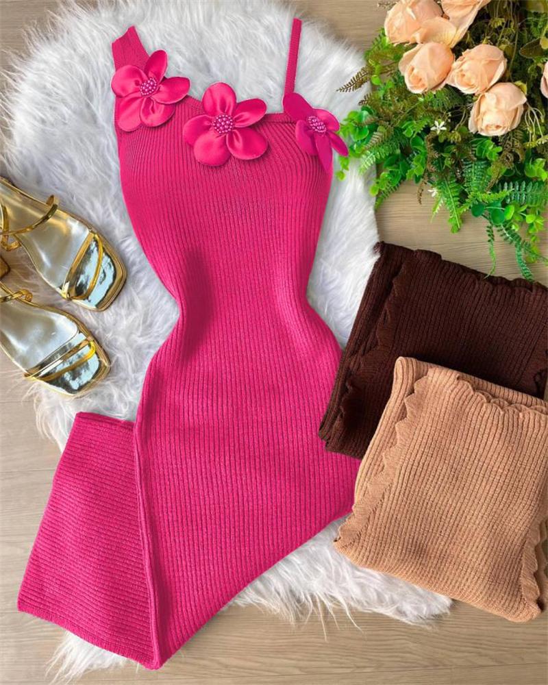 

Floral Pattern Beaded Knit Bodycon Dress, Hot pink