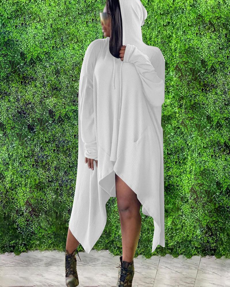 

Plus Size Long Sleeve Hooded Asymmetrical Dress, White