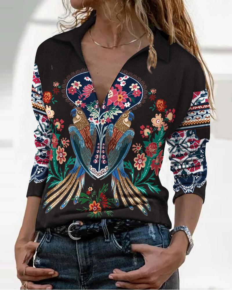

Floral Bird Print Long Sleeve Top, Black